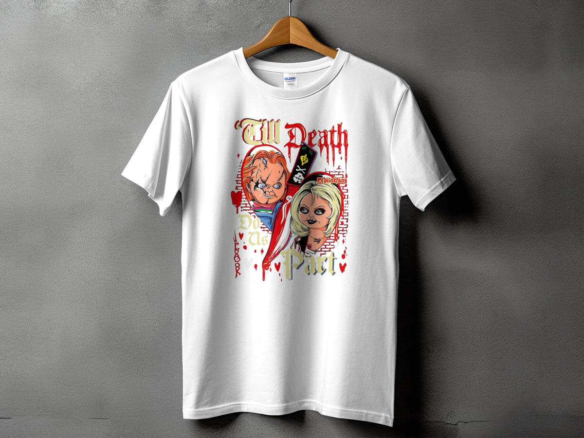 White t-shirt featuring Chucky and Tiffany dolls with "Till Death Do Us Part" text.