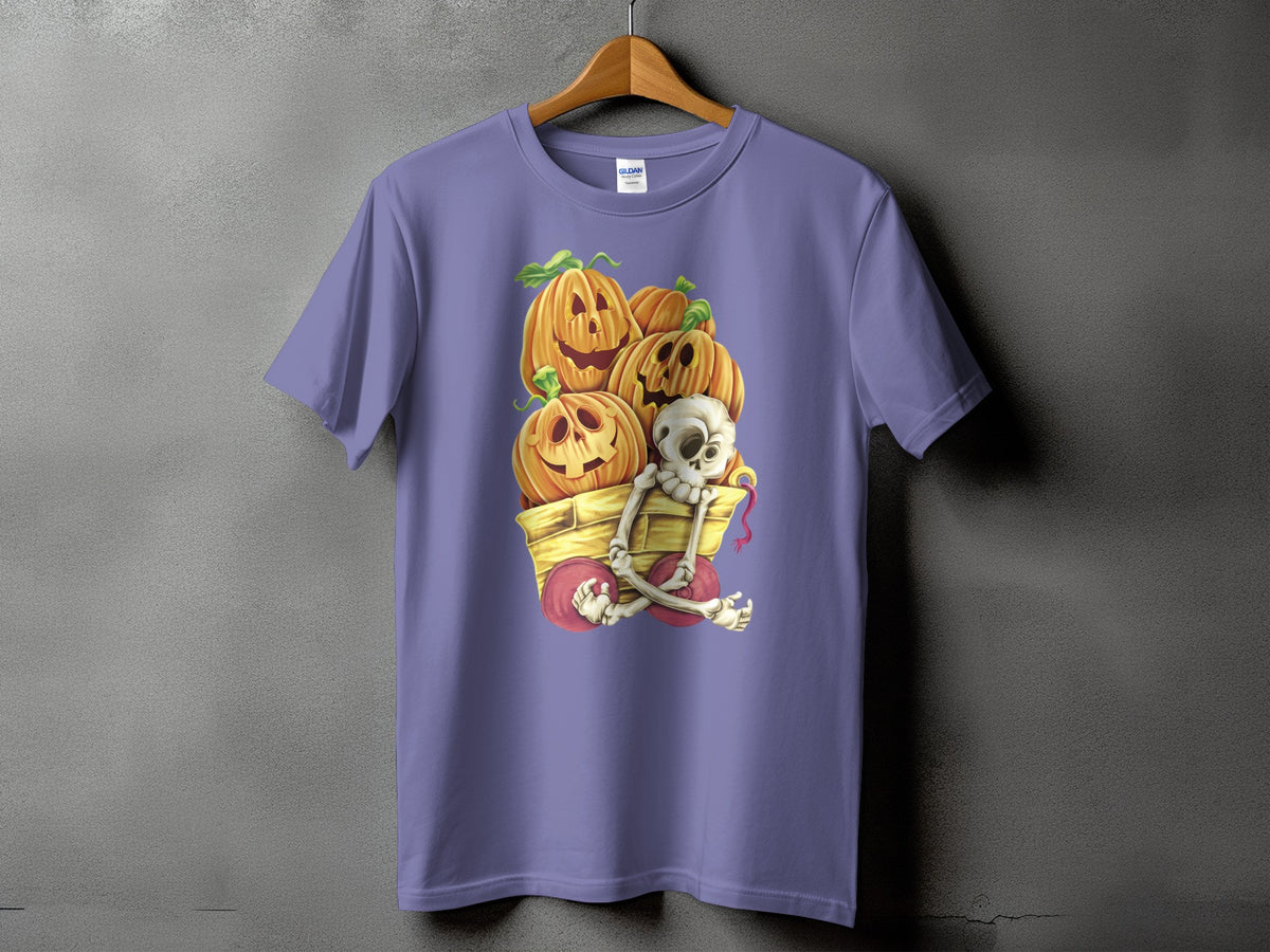 T-shirt with jack-o'-lanterns and skeleton in a cart graphic.