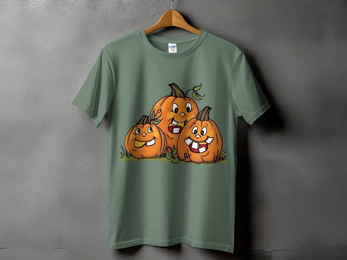 Green t-shirt with a cartoon of three smiling jack-o'-lanterns.