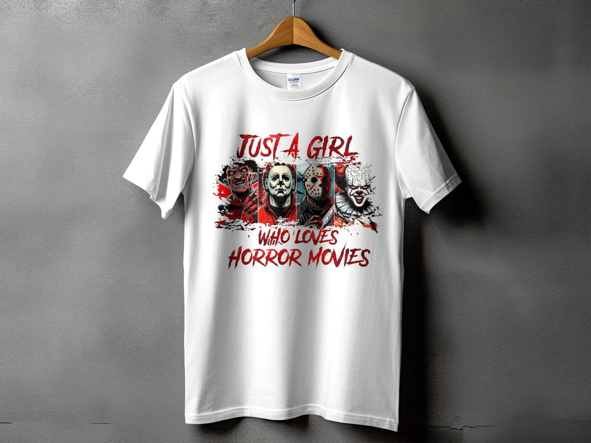 White t-shirt with "Just a Girl Who Loves Horror Movies" text and horror characters.