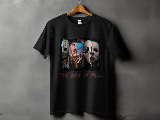 Black t-shirt with horror villains' masks and "The Boys of Fall" text.