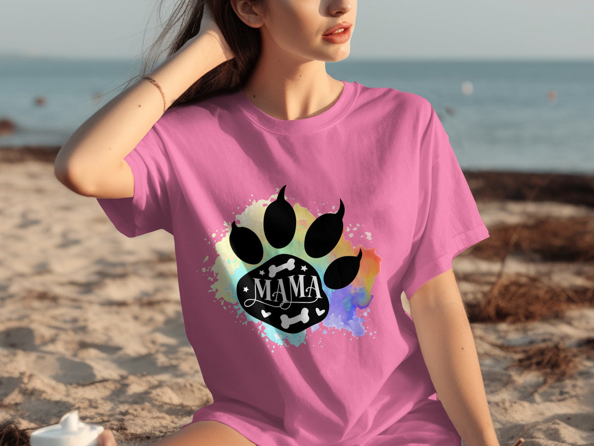 Colorful Mama Paw Print Design T-Shirt for Stylish Moms
