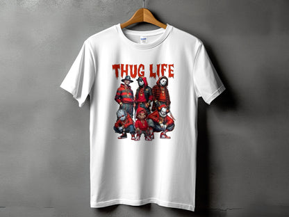 White t-shirt with "THUG LIFE" text and horror character illustrations.