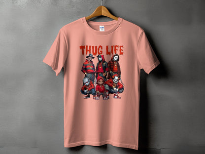 Peach t-shirt with "THUG LIFE" text and horror characters.