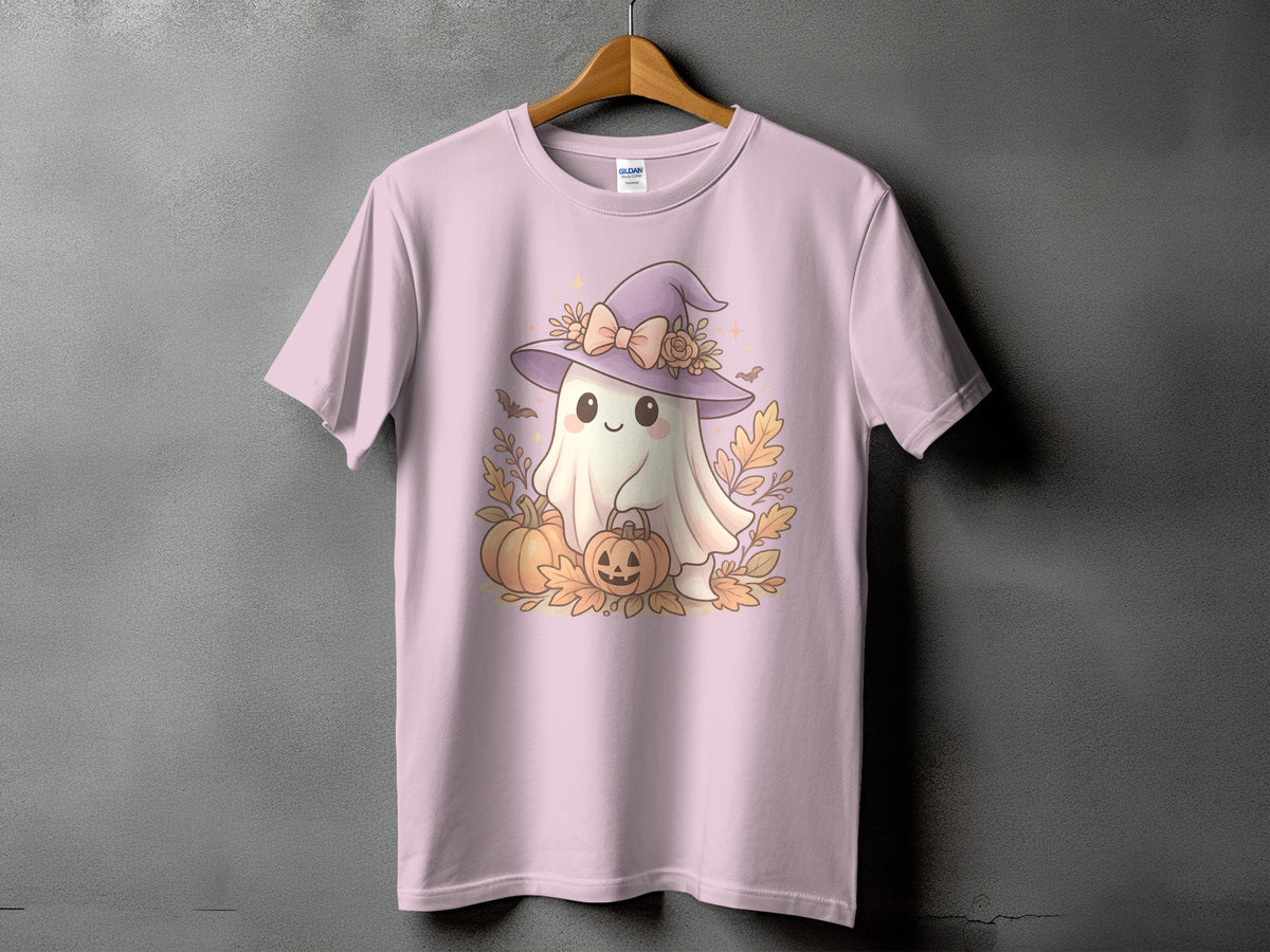 Pink t-shirt with a cute ghost wearing a witch hat and holding pumpkins.