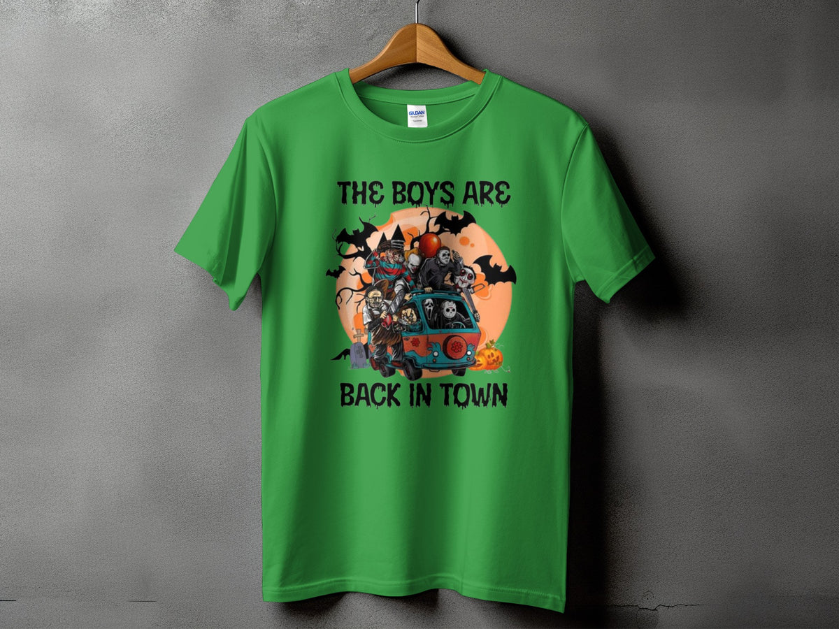 Green t-shirt with horror characters in a van and text "THE BOYS ARE BACK IN TOWN."