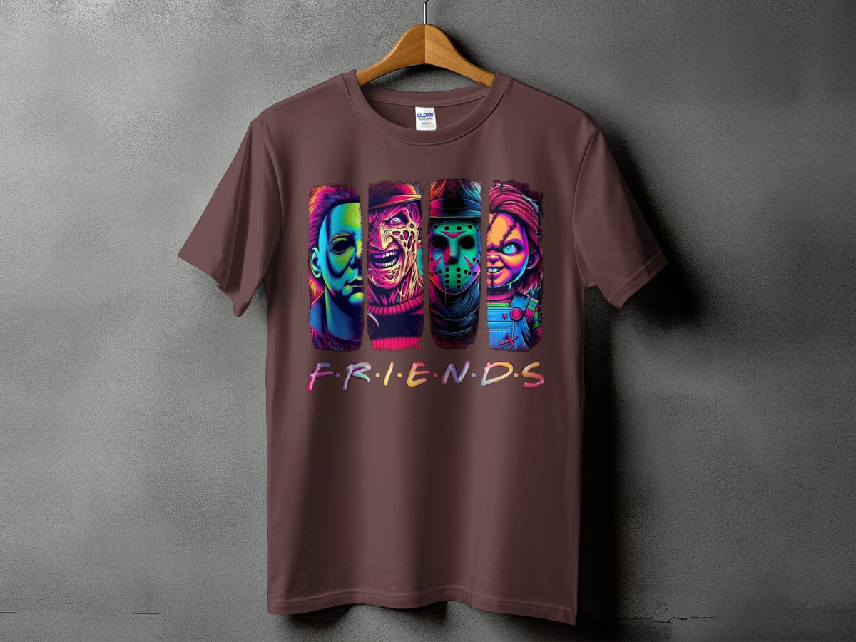 T-shirt with colorful horror characters and "FRIENDS" text.