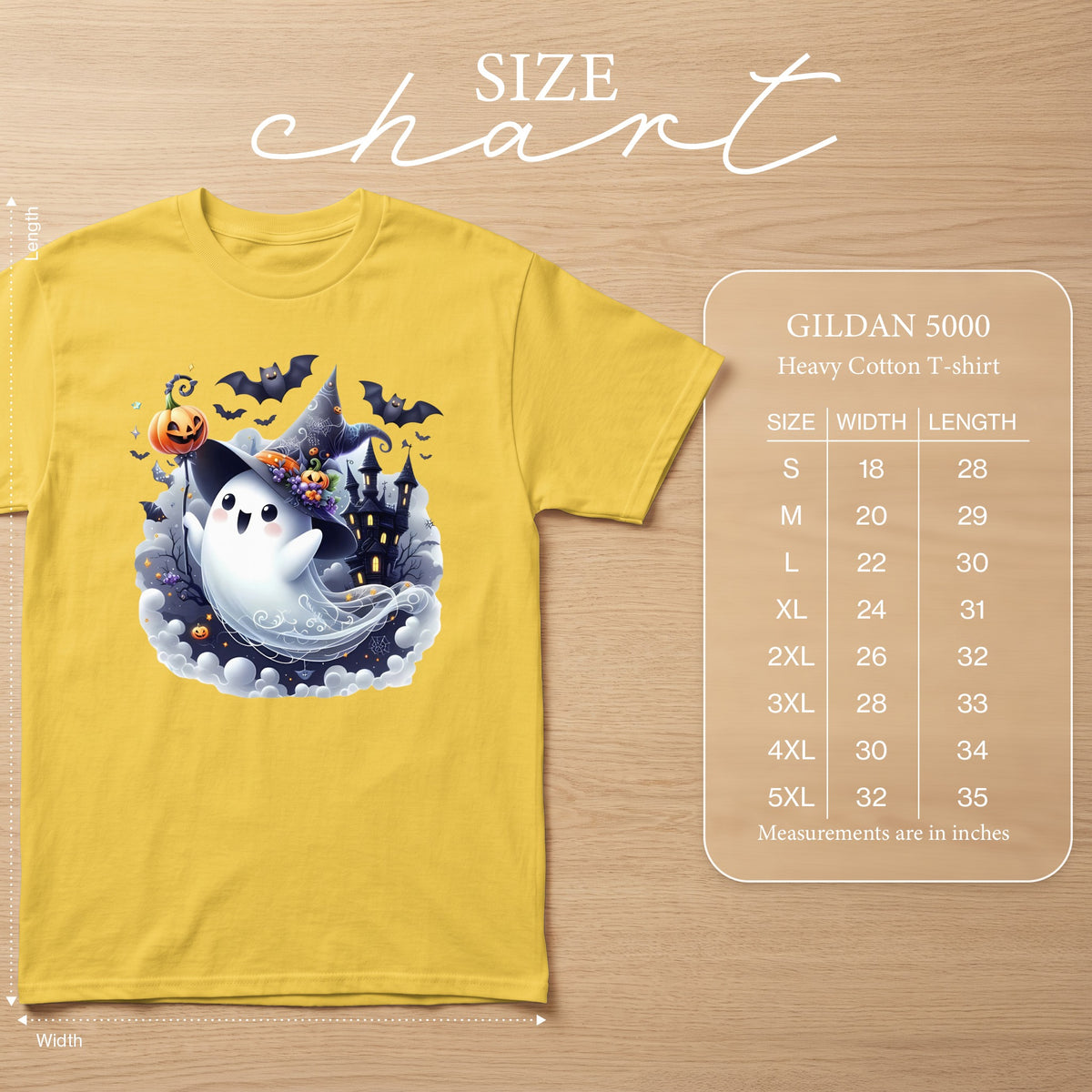 Yellow t-shirt with cute ghost, castle, and bats Halloween graphic. Size chart included.
