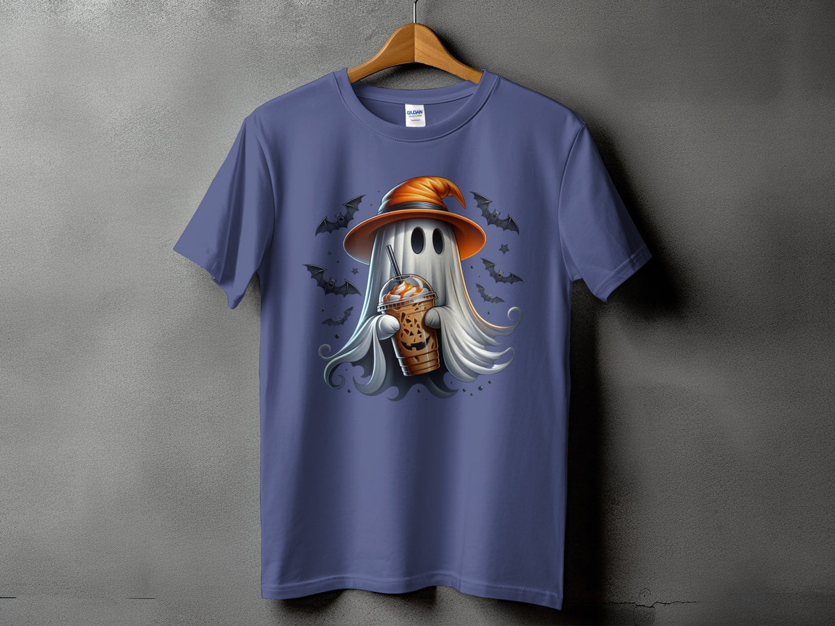 Ghost wearing witch hat holding pumpkin spice latte with bats around it.