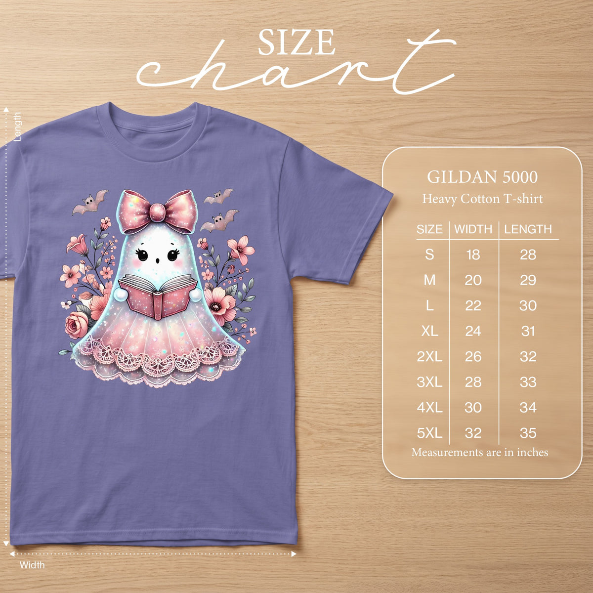 Ghost reading a book with bats and flowers on a Gildan 5000 t-shirt with size chart.
