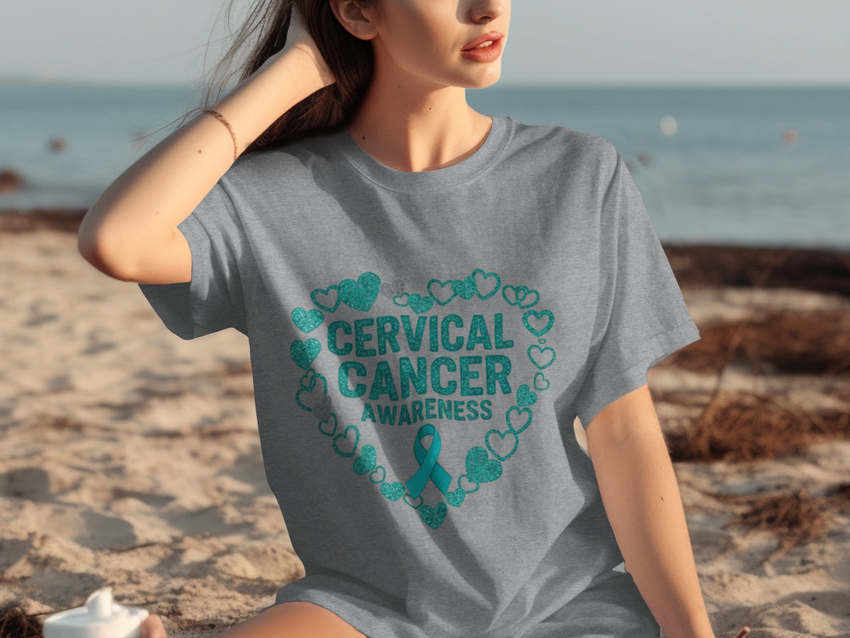 Cervical Cancer Awareness Teal Ribbon Heart T-Shirt