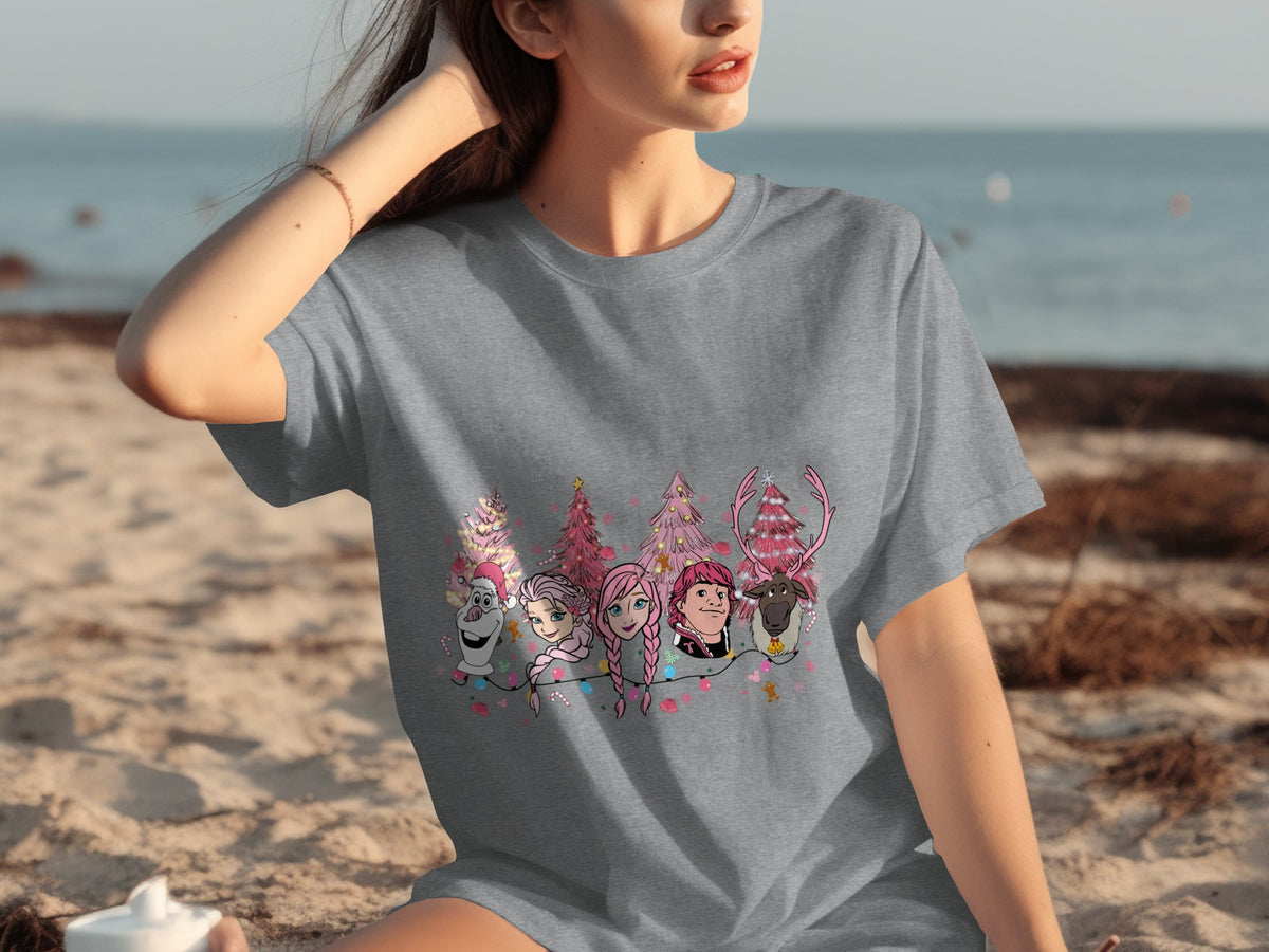 Cute Characters with Pink Christmas Trees T-shirt