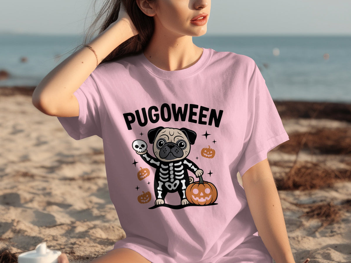 Pugoween Skeleton Pug with Pumpkins Halloween T-Shirt