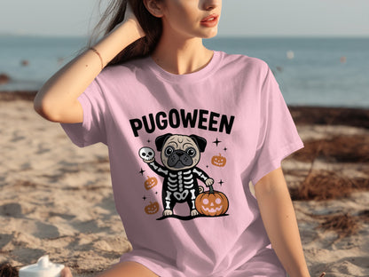Pugoween Skeleton Pug with Pumpkins Halloween T-Shirt