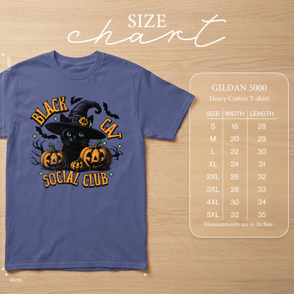 Purple t-shirt with "Black Cat Social Club" graphic and a size chart.