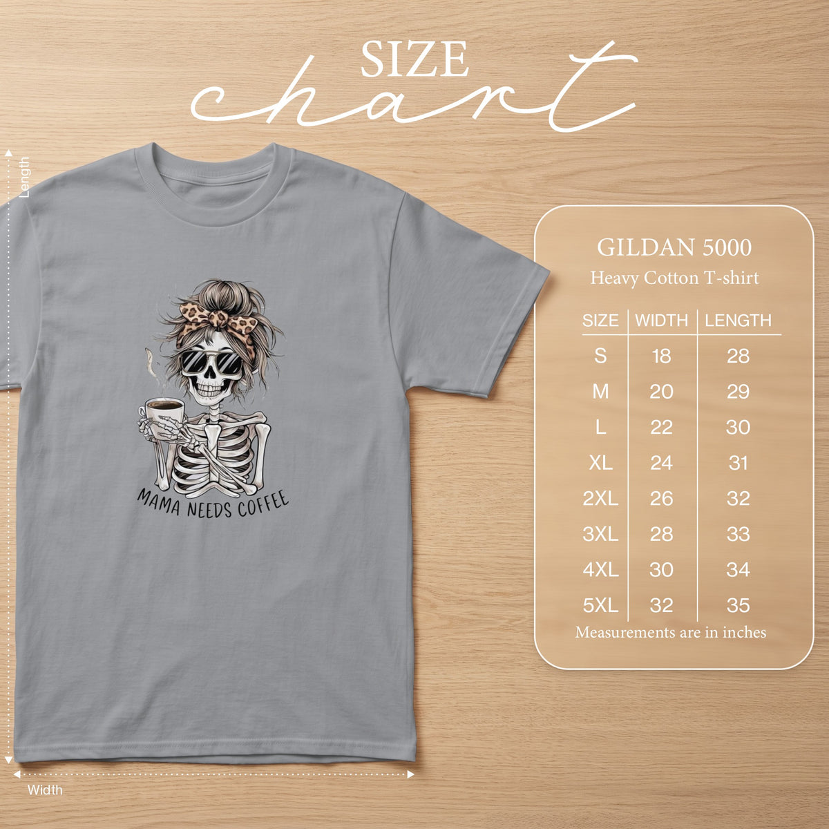 Grey Gildan 5000 heavy cotton t-shirt with skeleton graphic and size chart.