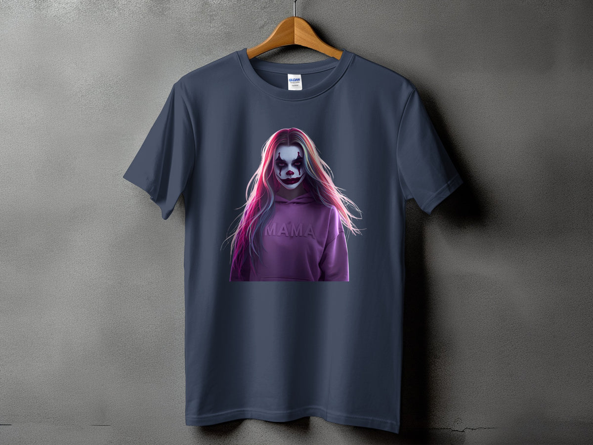 T-shirt with clown graphic and "MAMA" text on purple hoodie.