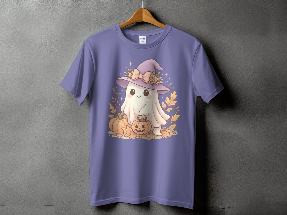 Ghost in witch hat holding pumpkin on purple t-shirt with autumn leaves.