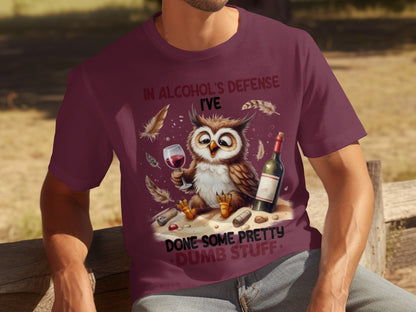 In Alcohol's Defense Owl Drinking Shirt Fun Graphic Tee