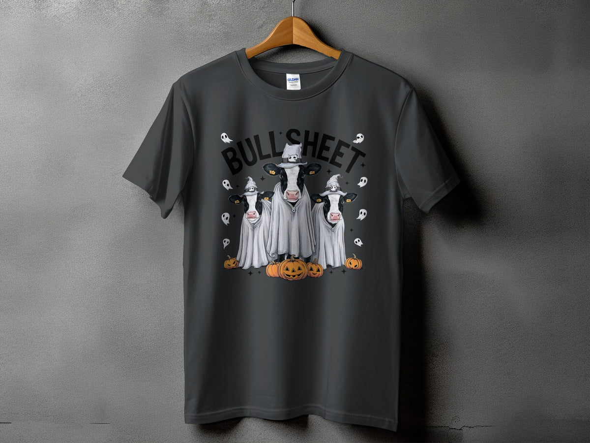 Three cows in ghost costumes with hats and pumpkins with "BULL'SHEET" text.
