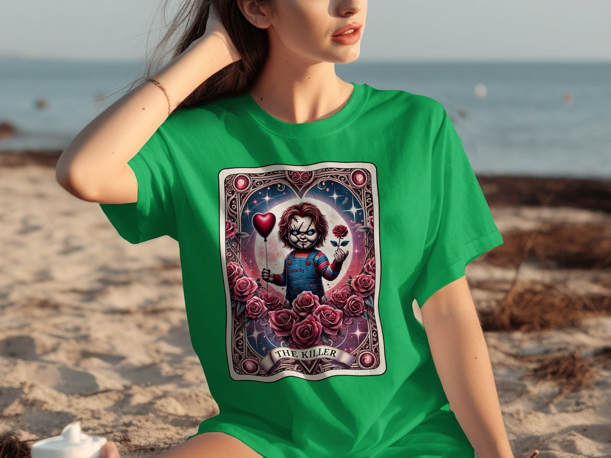 Green Shirt with Creepy Doll Graphic Design Shirt
