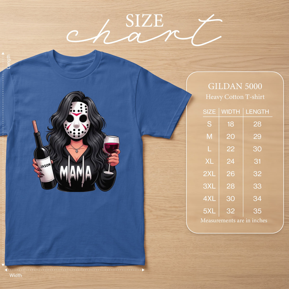 T-shirt with illustration of woman in Jason mask holding wine, with size chart.