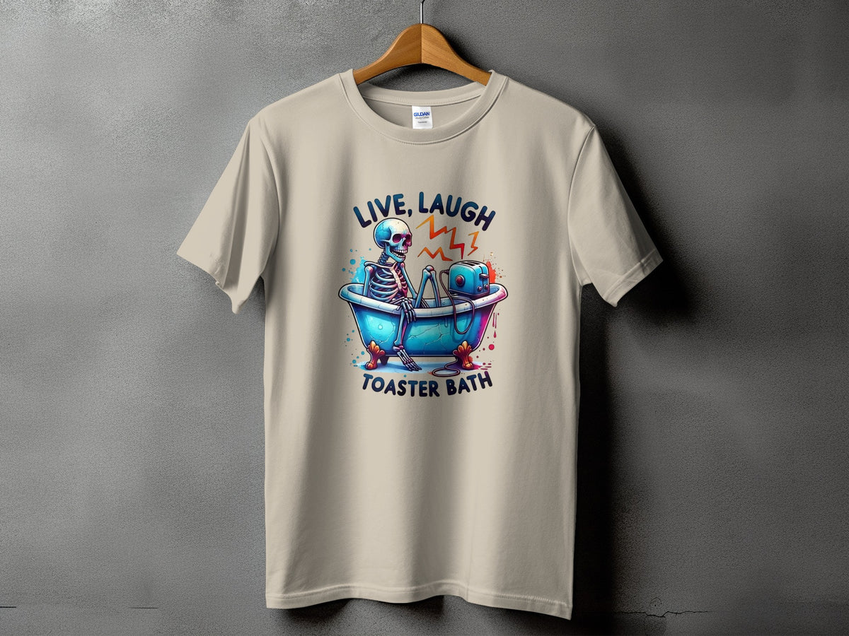 Skeleton in bathtub with toaster, "Live, Laugh, Toaster Bath" text.