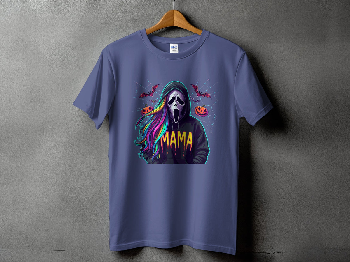 T-shirt with ghost face, rainbow hair, and "MAMA" text, bats, and pumpkins.