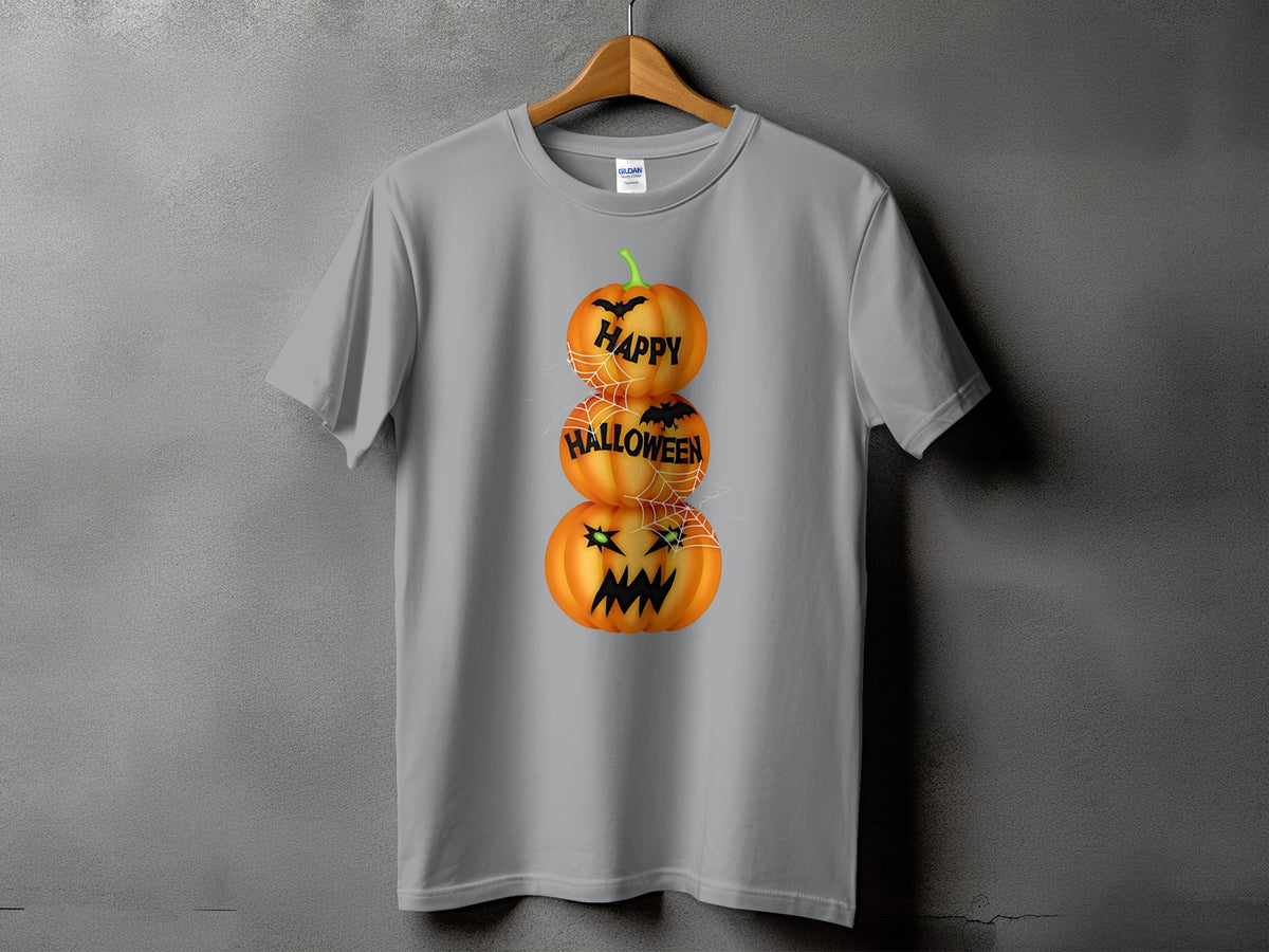 Grey t-shirt with stacked pumpkins graphic and text "HAPPY HALLOWEEN".