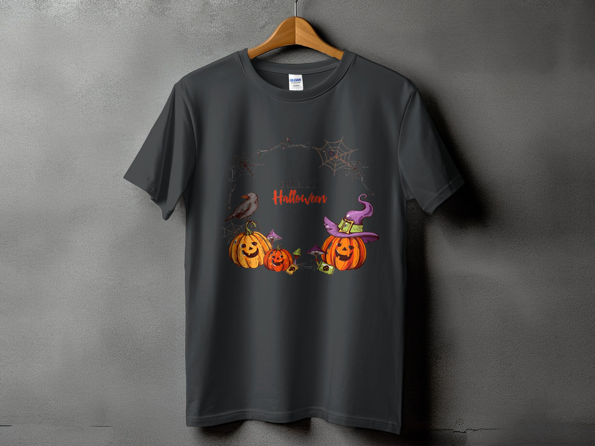 Dark grey t-shirt with "Hello Halloween" text, pumpkins, a bird, and witch hat graphic.