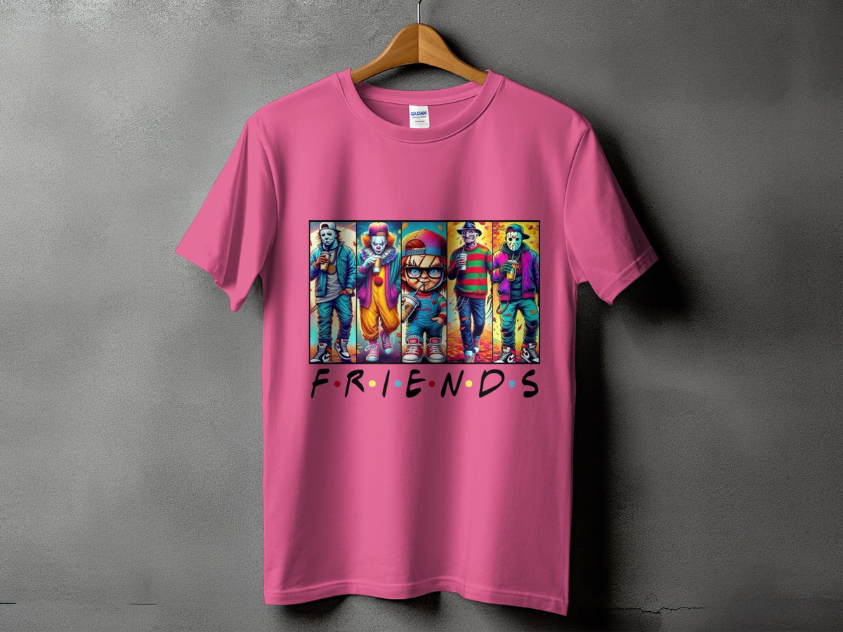 Pink t-shirt with horror movie characters and "FRIENDS" text.
