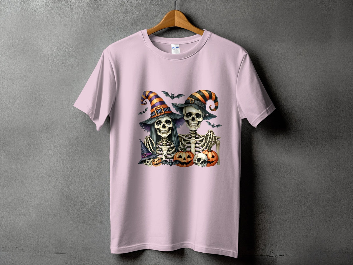 Two skeletons in Halloween witch hats with pumpkins and bats.