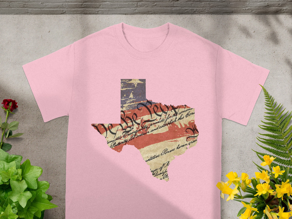 Pink t-shirt with Texas shape featuring US flag and Constitution text.