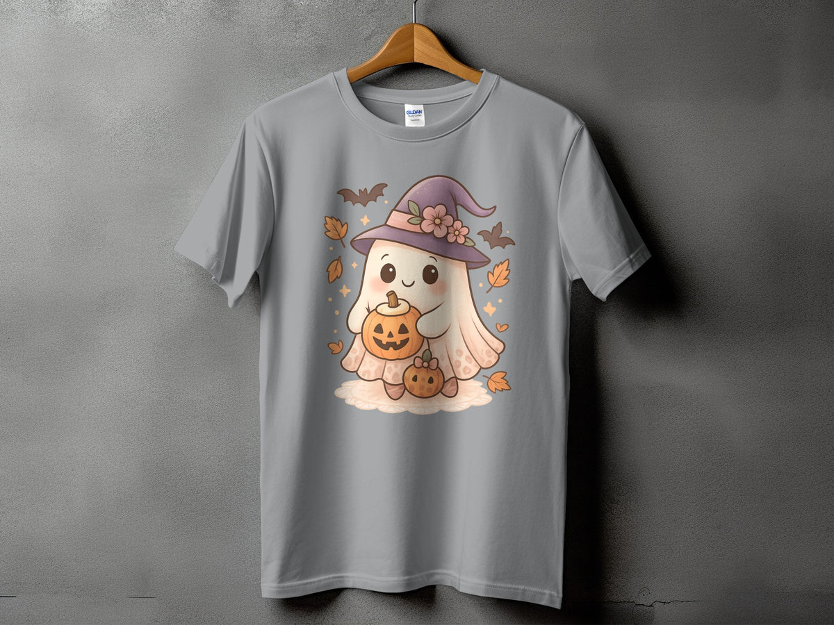 Cute ghost in witch hat holding pumpkins with bats and leaves.