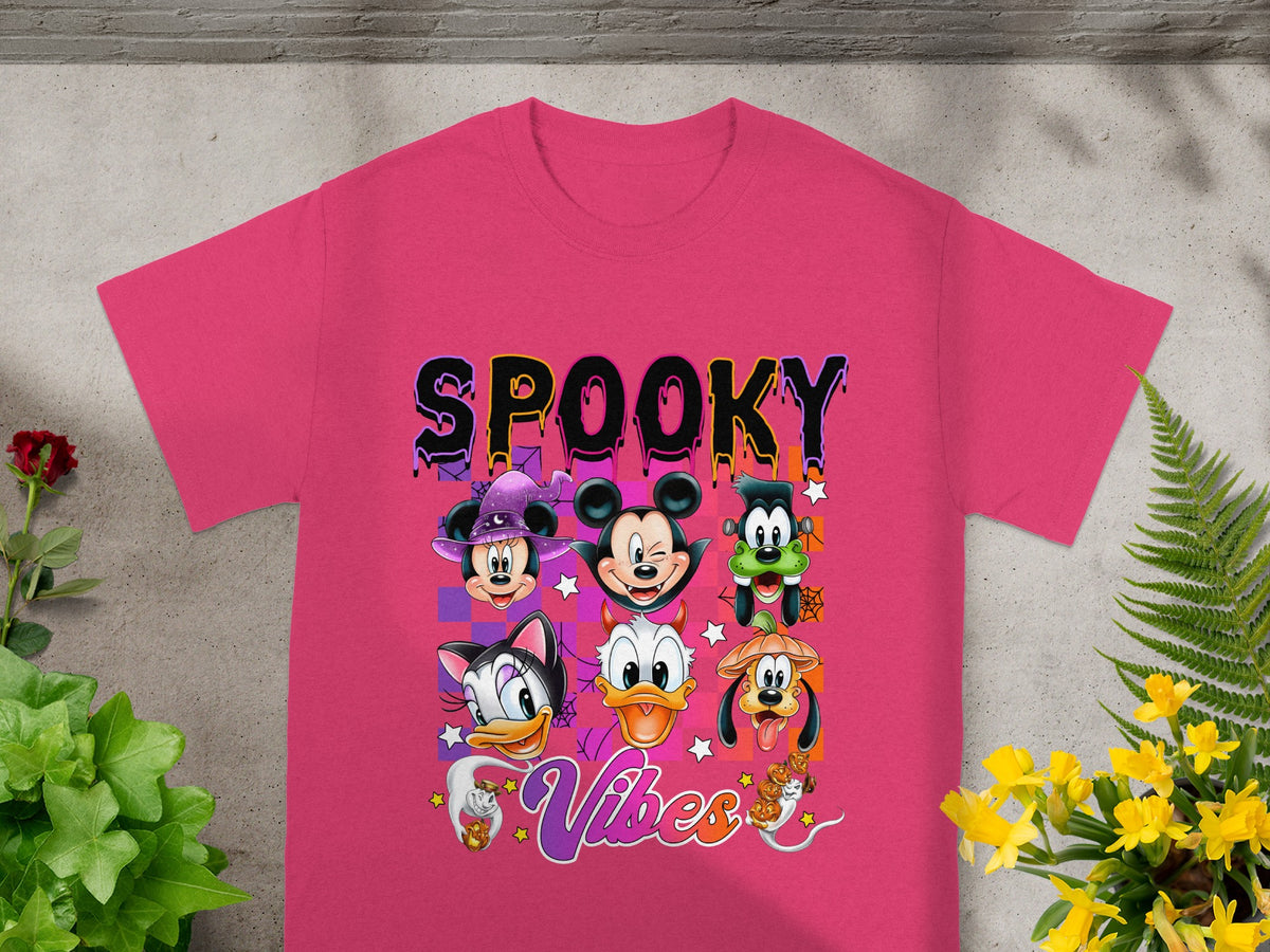 Pink t-shirt with "SPOOKY Vibes" text and Disney Halloween characters.