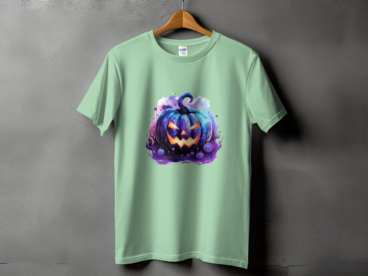 Light green t-shirt with a glowing blue jack-o'-lantern design.