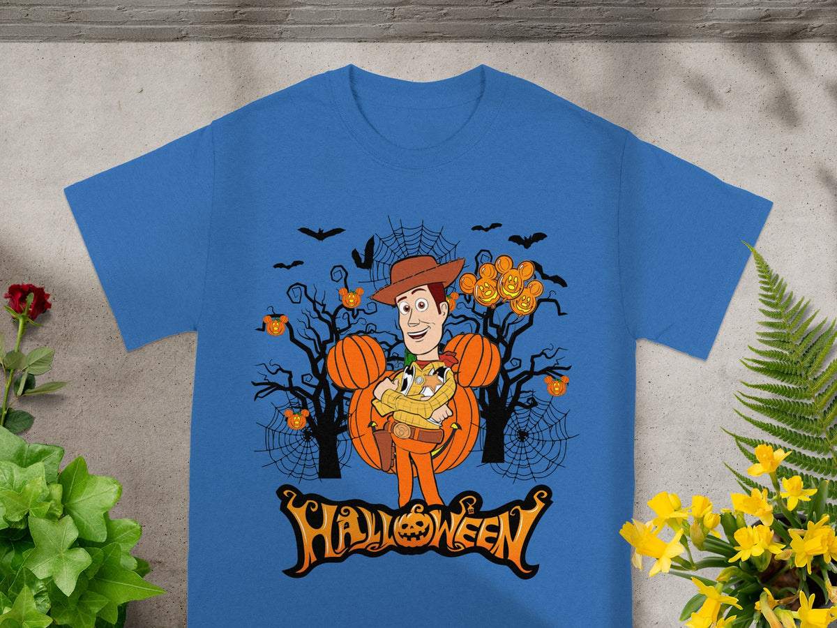 Woody character with Mickey Mouse pumpkin ears and Halloween trees graphic.