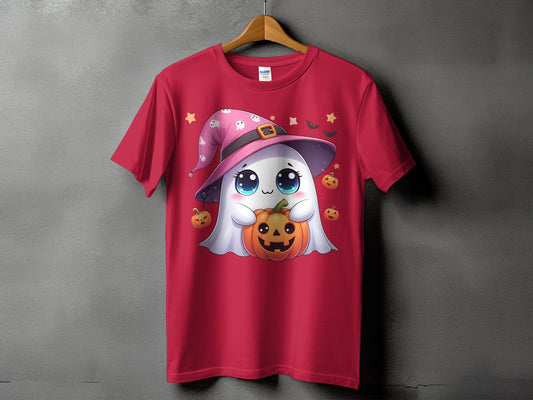 Red t-shirt with a cute ghost character wearing a witch hat and holding a pumpkin.