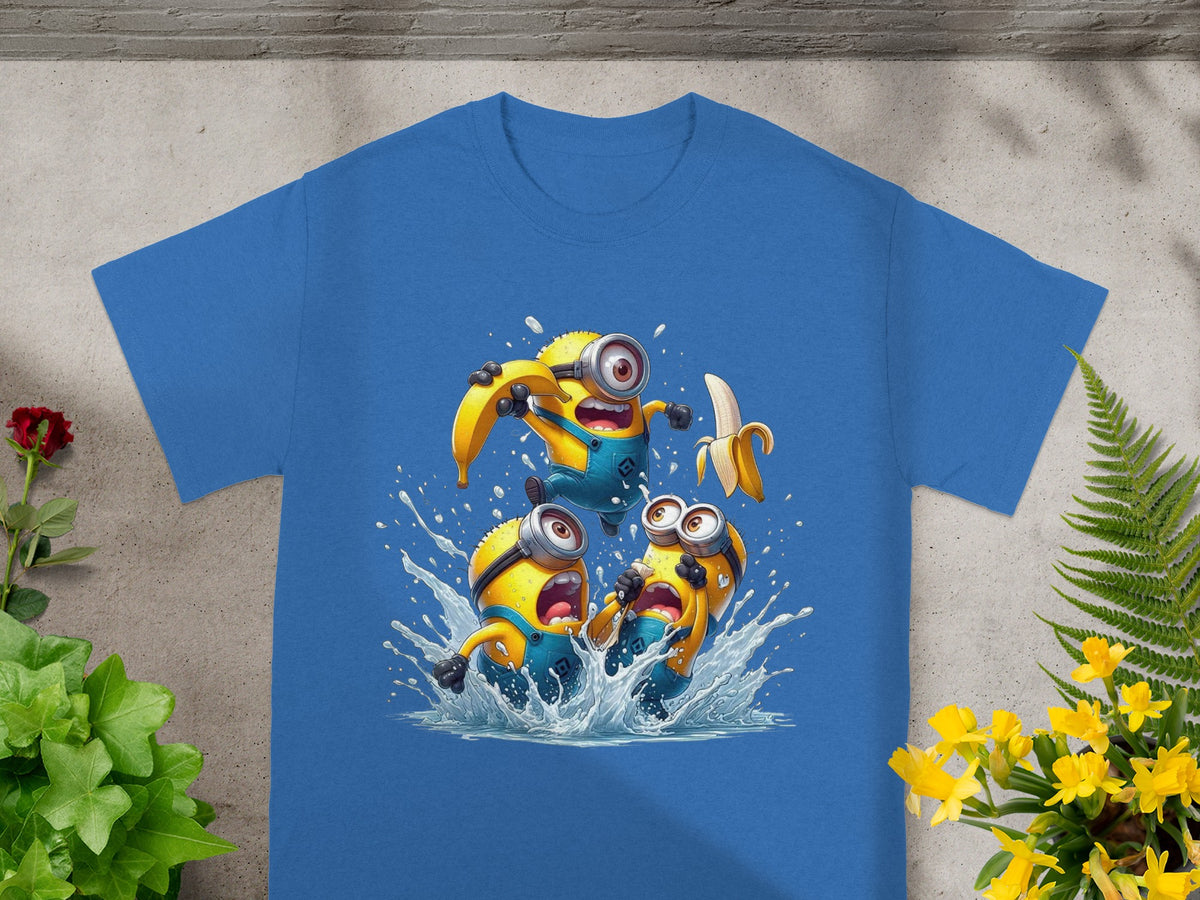 Three Minions in mid-air, splashing water, with a banana.