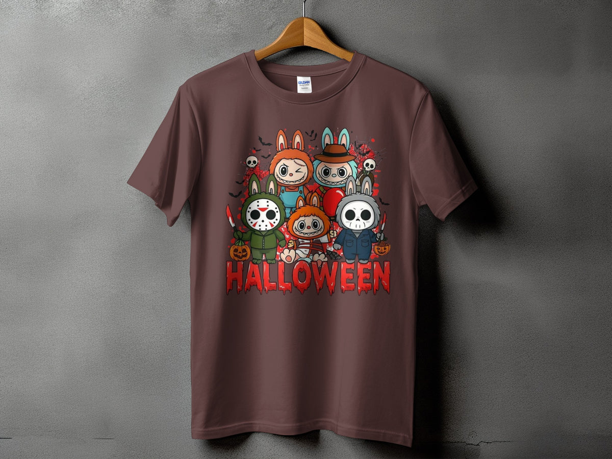 T-shirt featuring cartoon horror characters and the word "HALLOWEEN".