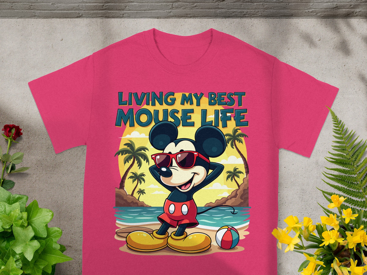 Mickey Mouse on beach with text "LIVING MY BEST MOUSE LIFE".