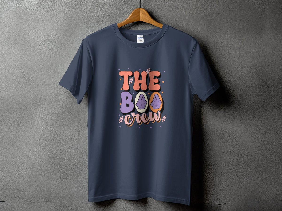 Dark blue t-shirt with "The Boo Crew" text and ghost graphics.