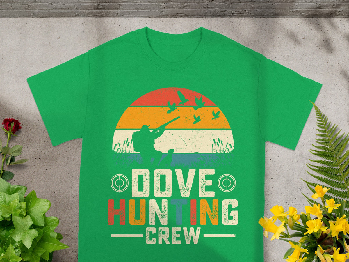 Green t-shirt with dove hunting crew graphic and distressed retro sunset.