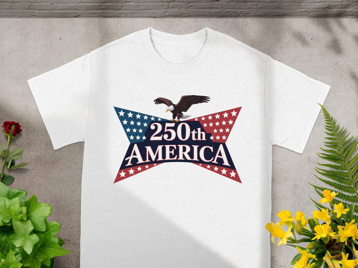 White t-shirt featuring a patriotic eagle and "250th America" text.
