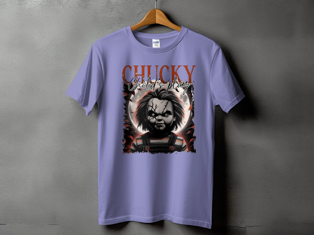 Light purple t-shirt with Chucky Child's Play graphic and text.