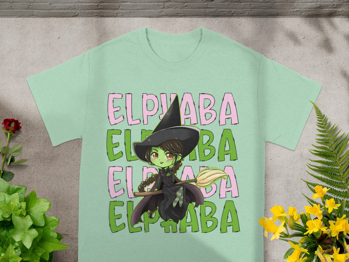 Green t-shirt with "ELPHABA" text and a cartoon witch holding a broom.