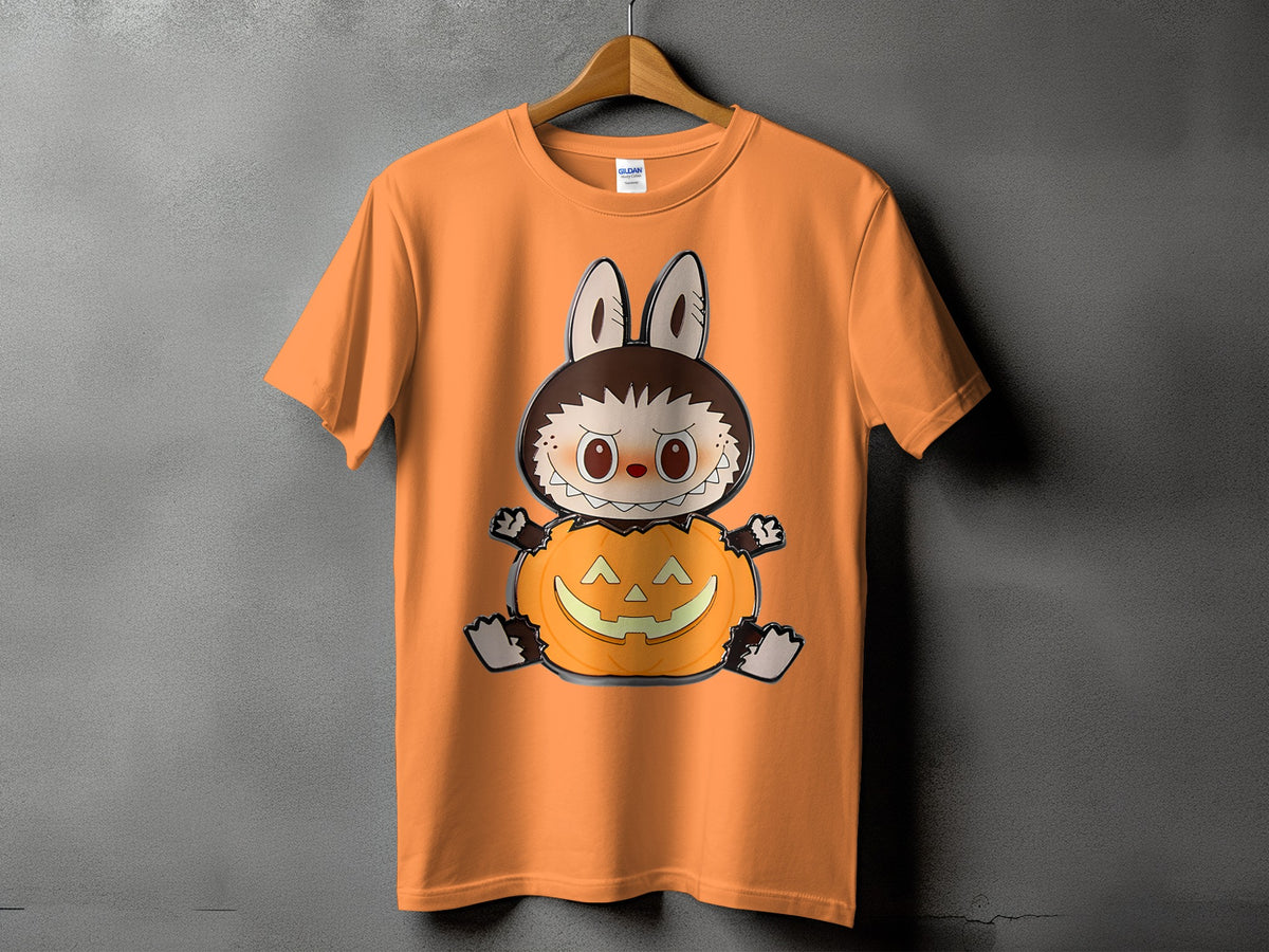 Orange t-shirt with a cartoon character sitting in a jack-o'-lantern.