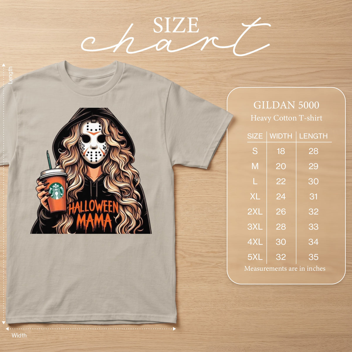Woman in Jason mask holding Starbucks cup, "Halloween Mama" text, Gildan 5000 size chart.