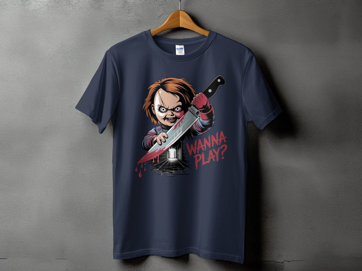 Navy t-shirt with Chucky character holding bloody knife and text "WANNA PLAY?"