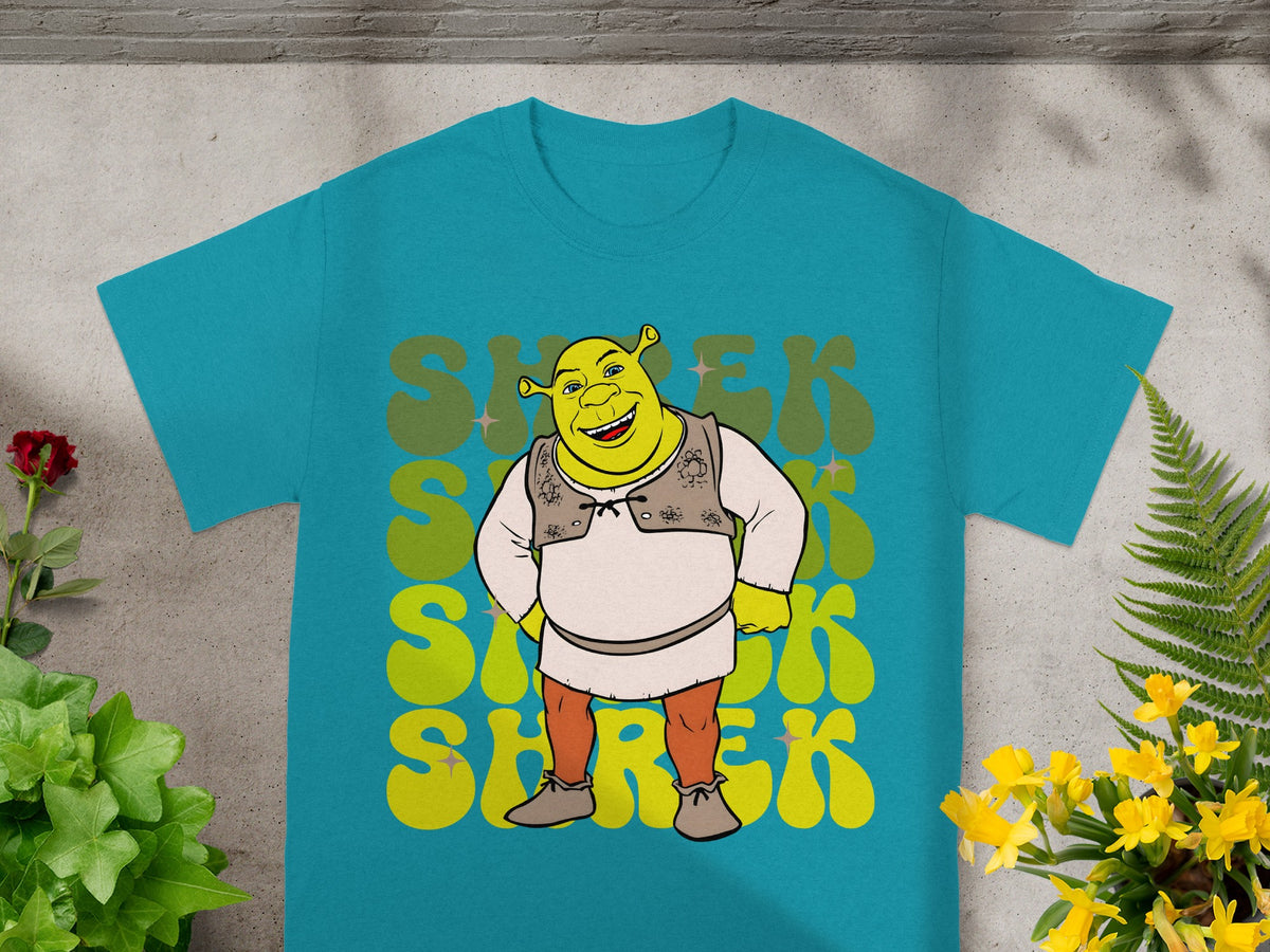 Teal t-shirt with Shrek character and "SHREK" text in a retro font.